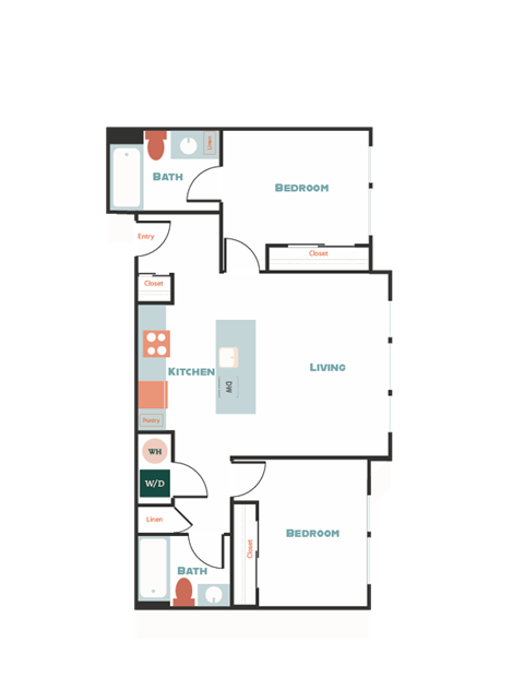 Floor plan for 2 beds, 2 baths, 1030 sqft